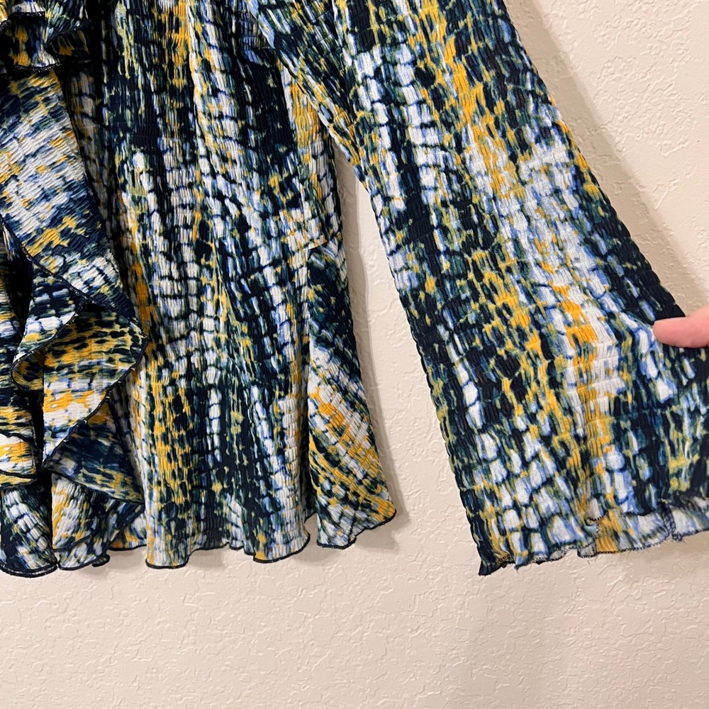 Ashro Womens XL 2 Piece Skirt Set Blue Yellow Abstract Ruffle Top Midi Skirt - Picture 6 of 11